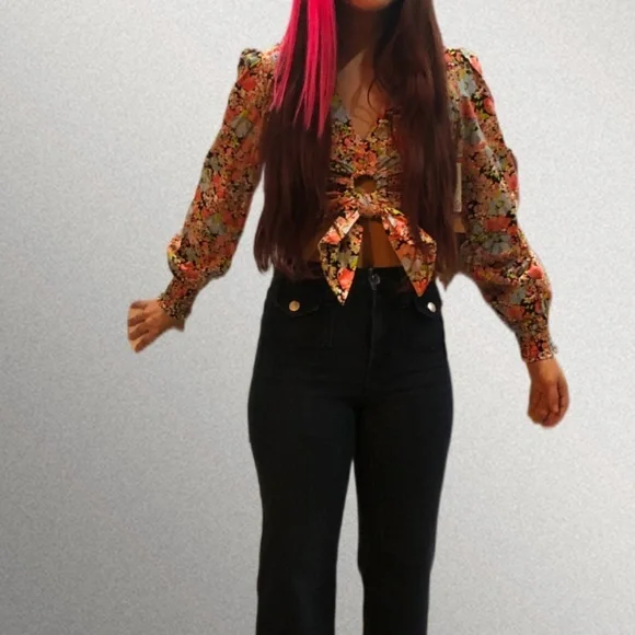 Floral Cut Out Deep V Tie Front 70's Style Long Sleeved Top w/ Rouching NWOT - Picture 5 of 6